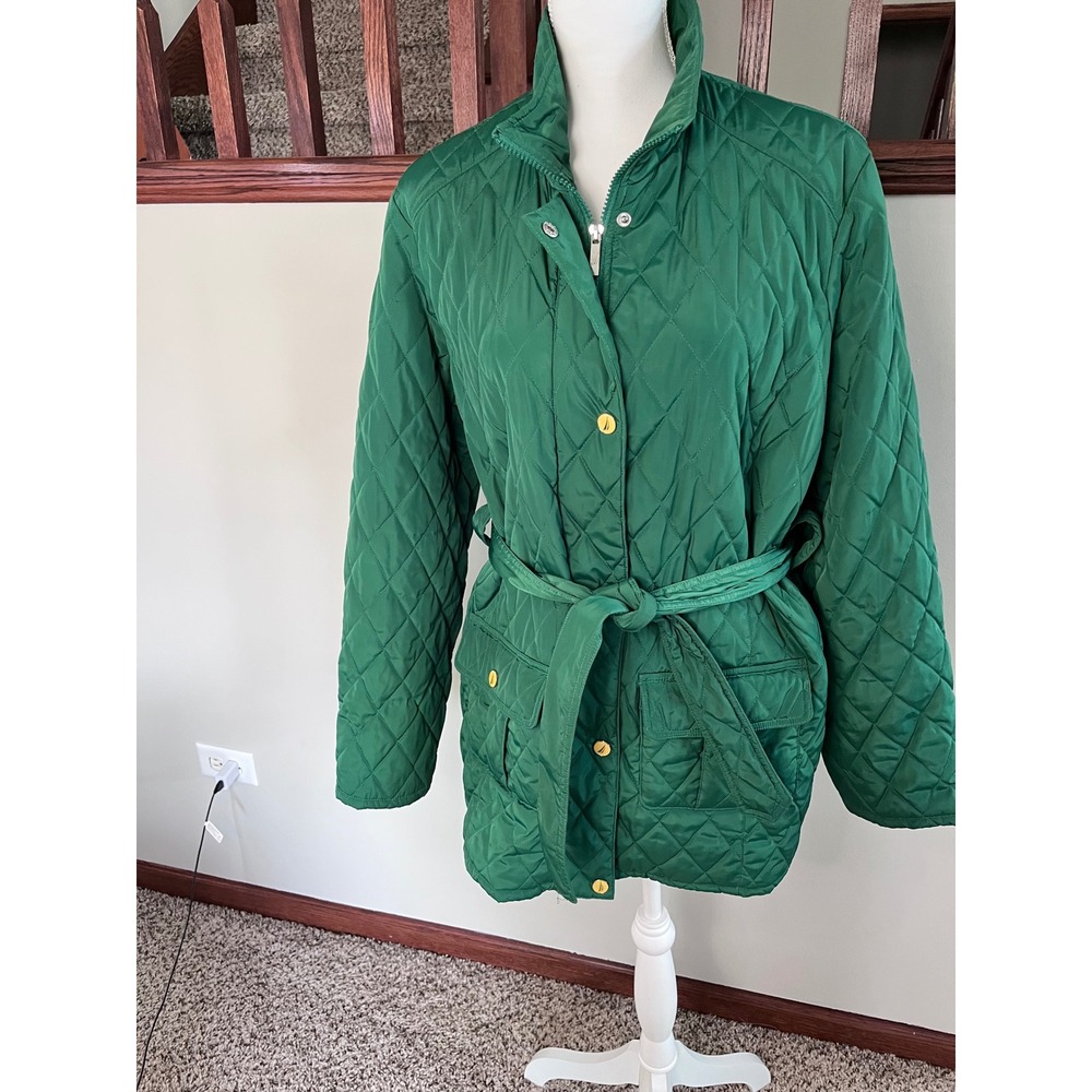 Nautica Womens Green Quilted Belted Jacket Gold Hardware XL Striped Lining